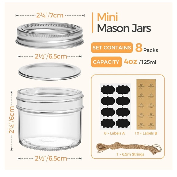 ComSaf Mini Mason Jars 4oz - 8 Pack, Regular Mouth Mason Jar w/Lids & Seal Bands - Picture 3 of 6